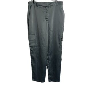 Rachel Zoe women shiny silky satin cargo‎ gray pants slacks pockets elastic